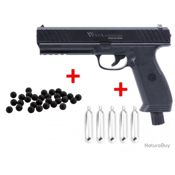 PROMO Jusqu'au 30/04/2025 Pistolet DEFENSE PDW 50 CAL 0.50 CO2 VESTA + 5 Co2 + 50 Billes Caoutchouc