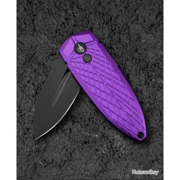 Couteau Bestech Ququ Purple Lame Acier 14C28N Black Manche Aluminium Button Lock IKBS Clip BTKG57A4