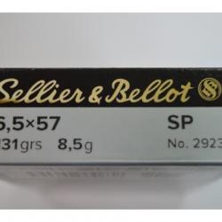 1 BOITE DE 20 MUNITIONS SELLIER & BELLOT CALIBRE 6.5X57  OGIVES SP 130 G/8.5 GR  NEUVE
