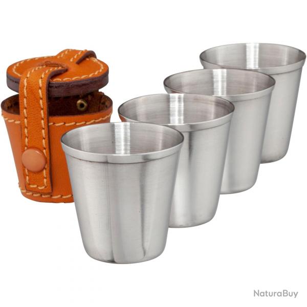 Set de gobelets  eau de vie en acier inoxydable dans un tui en cuir, 4 pices (Couleur: marron)