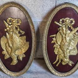 Rare et sublime paire de nature morte en bronze trophée de chasse bécasse lièvre faisan