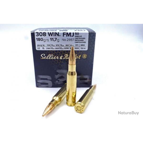 MUNITIONS SELLIER-BELLOT CAL 308 WIN MODELE 11,7G / 180GRS -  FMJ - BOITE DE 50 MUNITIONS