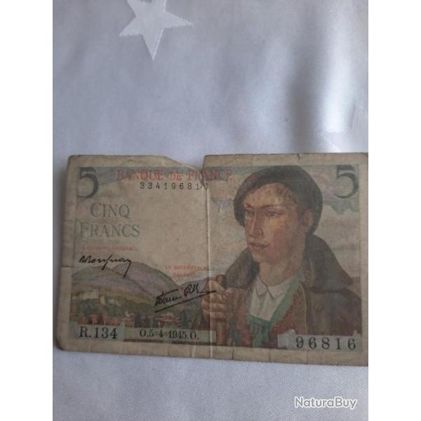 Ancien billet de 5 francs BERGER