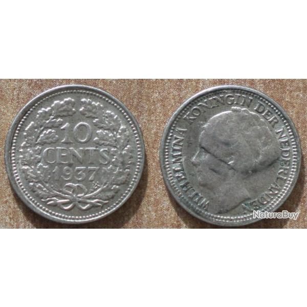 Pays Bas 10 Cents 1937 Reine Wilhelmina Gulden Argent Piece Free Ship World