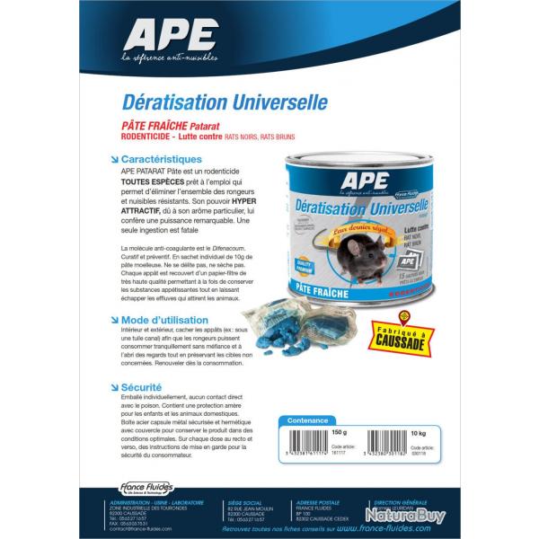 Raticide APE Europ-Arm en Vrac - Carton de 10 kg - Dratisation Universelle