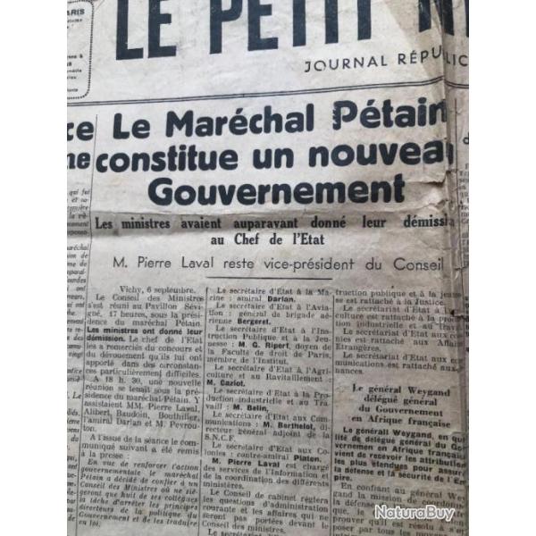 JOURNAL septembre 1940 LE PETIT MERIDIONAL nouveau gouvernement Ptain bombardement Londres Afrique