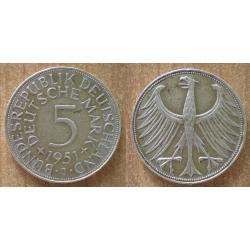 Allemagne 5 Deutsche Mark 1951 Piece Argent Mint J Hambourg