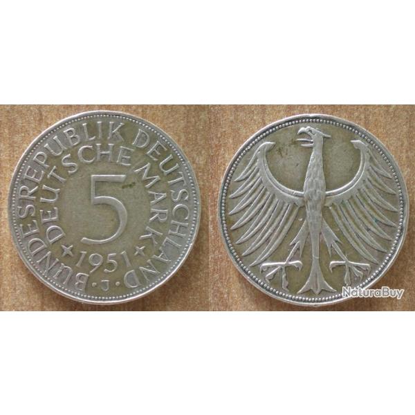 Allemagne 5 Deutsche Mark 1951 Piece Argent Mint J Hambourg