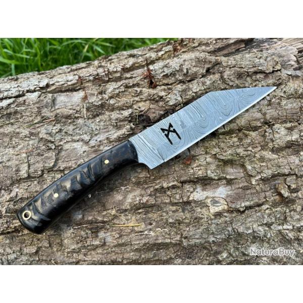 Couteau SCRAMASAXE rune MANNAZ damas forg LLF corne de blier noire 25cm