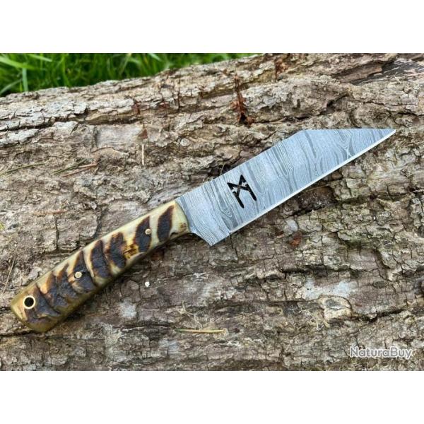 Couteau SCRAMASAXE rune MANNAZ damas forg LLF corne de blier 25cm