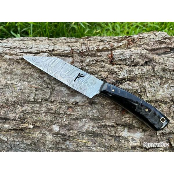 Couteau SCRAMASAXE rune FEHU damas forg LLF corne de blier noire 25cm