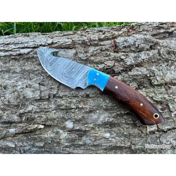 Couteau  dpecer/bushcraft avec crochet damas forg LLF 21cm bleu ciel