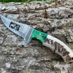 Couteau du PELERIN damas forgé LLF corne de bélier 20cm vert