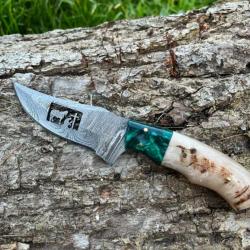 Couteau du PELERIN damas forgé LLF corne de bélier 20cm turquoise