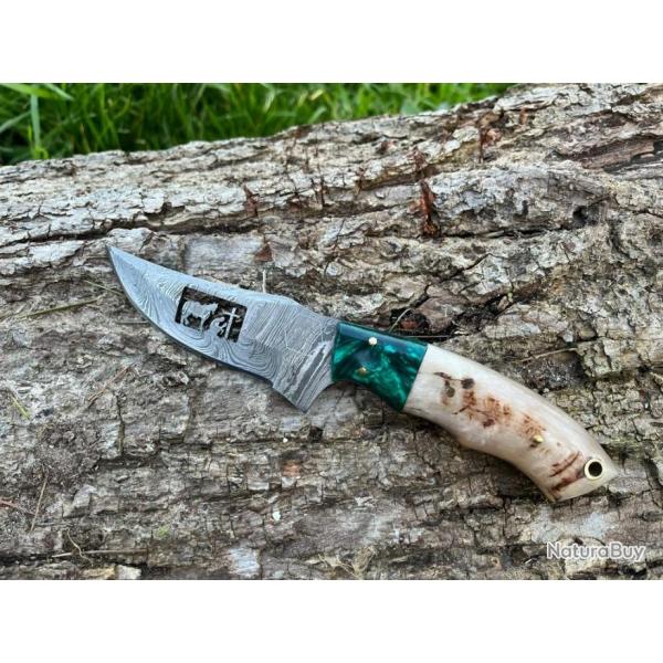 Couteau du PELERIN damas forg LLF corne de blier 20cm turquoise
