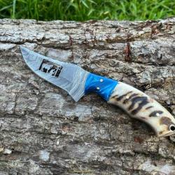 Couteau du PELERIN damas forgé LLF corne de bélier 20cm bleu