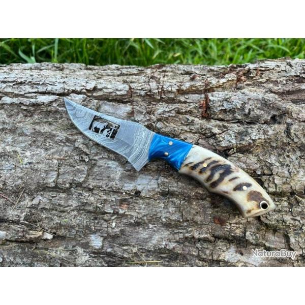 Couteau du PELERIN damas forg LLF corne de blier 20cm bleu