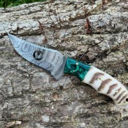 Couteau COQ FRANCAIS damas forgé LLF corne de bélier 20cm turquoise