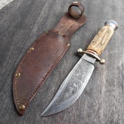 Ancien et Magnifique Couteau de Chasse SABATIER Manche en Bois de cerf avec Étui en cuir