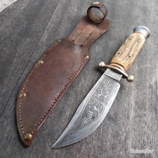 Ancien et Magnifique Couteau de Chasse SABATIER Manche en Bois de cerf avec tui en cuir