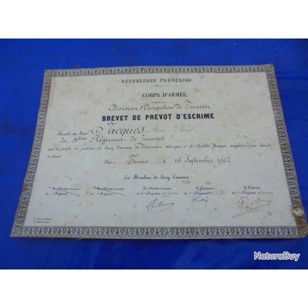 Brevet de Prvt d'Escrime 4me Rgiment de Zouaves 1902 Tunis J P Jacques