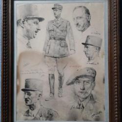 Litho encadrée, datée/signée 1944/45, portraits:  de Gaulle, Koenig, de Lattre, Brosset et Leclerc