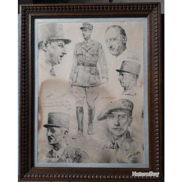 Litho encadre, date/signe 1944/45, portraits:  de Gaulle, Koenig, de Lattre, Brosset et Leclerc