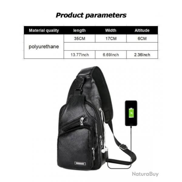 Pochette Sac Bandoulire PU USB chargement couteurs Unisexe plein air Sport Noire Mode Scurit