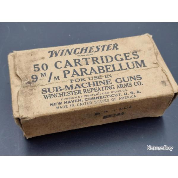 BOITE CARTON WW2 WINCHESTER 9MM PARABELLUM PARACHUTAGE UD M42 FRANCE 1944 Collection 2eme GM U.S.A.