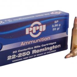 Cartouches PPU Calibre 22-250 Remington SP 55grs - boite de 20 unités