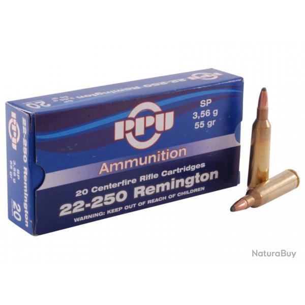 Cartouches PPU Calibre 22-250 Remington SP 55grs - boite de 20 units