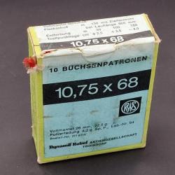 Rare boîte de 10 cartouches neuves RWS FOURNIER Calibre 10,75 X 68 balle blindée - Allemagne XXè Cat