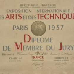 REGIS DARNE DIPLOME DE MEMBRE DU JURY EXPOSITION ARTS ET TECHNIQUE PARIS 1937