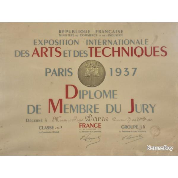 REGIS DARNE DIPLOME DE MEMBRE DU JURY EXPOSITION ARTS ET TECHNIQUE PARIS 1937
