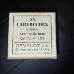 BOITE 25 CARTOUCHES A BLANC BALLE BOIS ETUIS LAITON CALIBRE MAS 7,5 X 54 GEVELOT PARIS Bon  France C