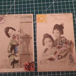 FEMMES JAPONAISES, 1905 2 CARTES POSTALES ADRESSEES A UN SOLDAT DU 18 EME RIC