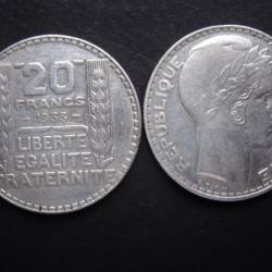 FRANCE = UNE PIECE DE 20 FRANCS  DE 1933 EN ARGENT