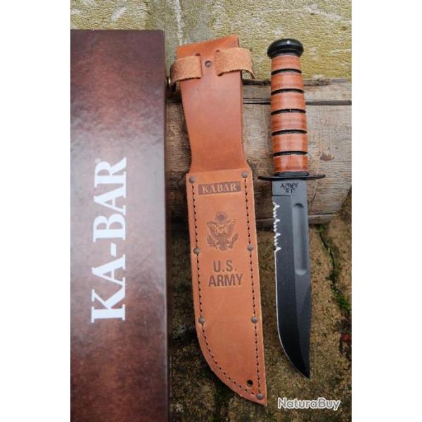 Couteau KA-BAR Army Fighting Knife Lame Acier Carbone 1095 Serr Manche & Etui Cuir Made USA 1219