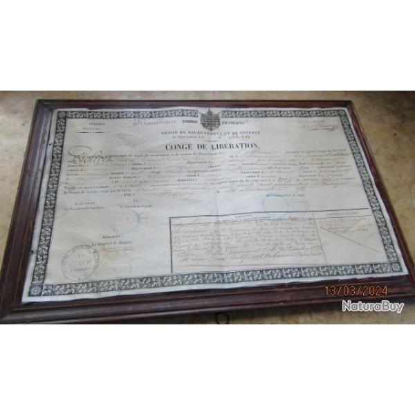 certificat cong libration caporal second Empire prisonnier arme  Rhin 29/10/71 7/07/1872 dp AIN