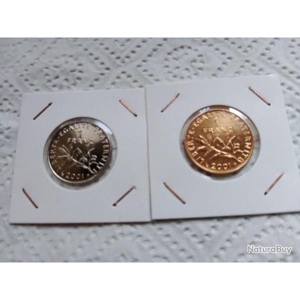 lot de 2 pices de 1 franc 2001 dont 1 dore  l'or fn