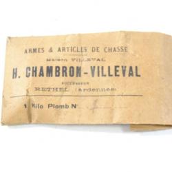 Ancien sachet vide plombs de chasse maison VILLEVAL H. Chambron Villeval Rethel Ardennes. Chasse
