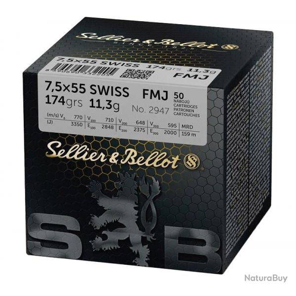 CARTOUCHES S&B 7,555 SWISS FMJ 11,3g./174 GRS boite de 50 10 boites ( 500 munitions )