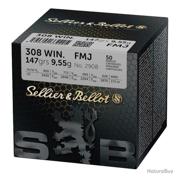 CARTOUCHES S&B 308 WIN FMJ 147 gr/ 9,55g. boite de 50 1 boite ( 50 munitions)