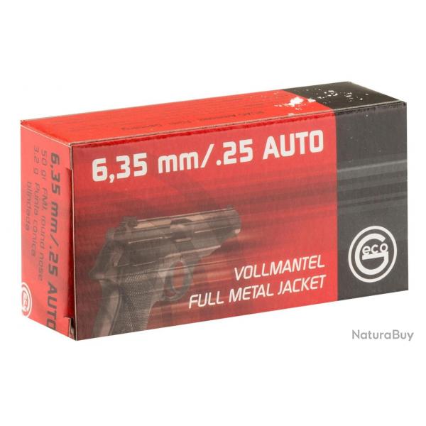 MUNITIONS GECO CAL. 6,35 BROWNING FULL METAL JACKET 3,2G ( 25 ACP ) 1 boite ( 20 munitions )