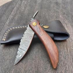 Joli Couteau artisanal Piémontais Damas Manche en Bois avec Étui en cuir noir