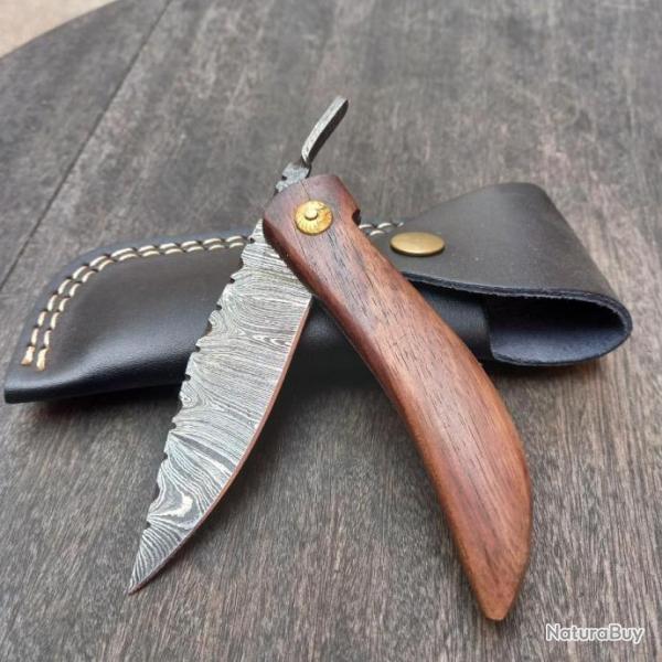Joli Couteau artisanal Pimontais Damas Manche en Bois avec tui en cuir noir