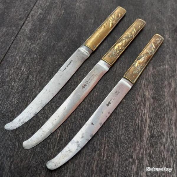 Lot de 3 Ancien Couteaux JAPONAIS KOZUKA par CH.GUERRE A LANGRES Manche en Cuivre