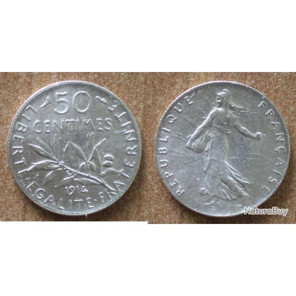 France 50 Centimes 1914 Piece Argent Semeuse Centime de Franc