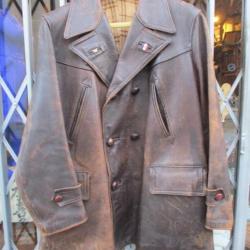 veste cuir 1940 type resistance avec ceinture et col fourrure