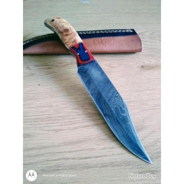 Poignard couteau damas 256 couches + tui cuir fabrication artisanale rf 121